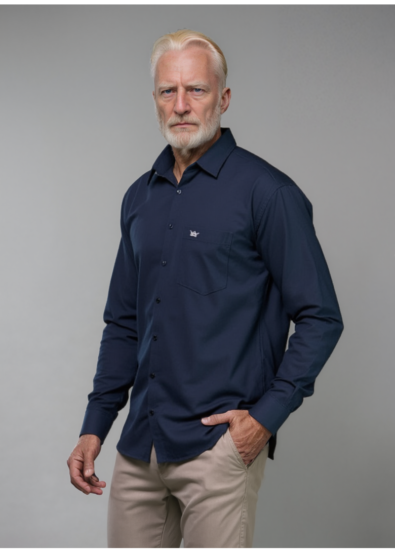 Camisa social azul marinho lisa masculina de algodão