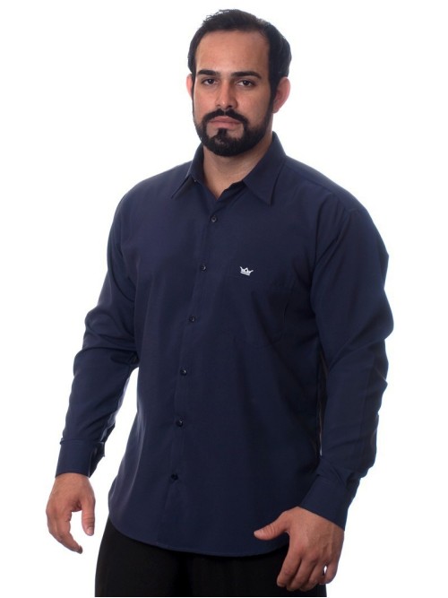Camisa social azul marinho lisa masculina de algodão
