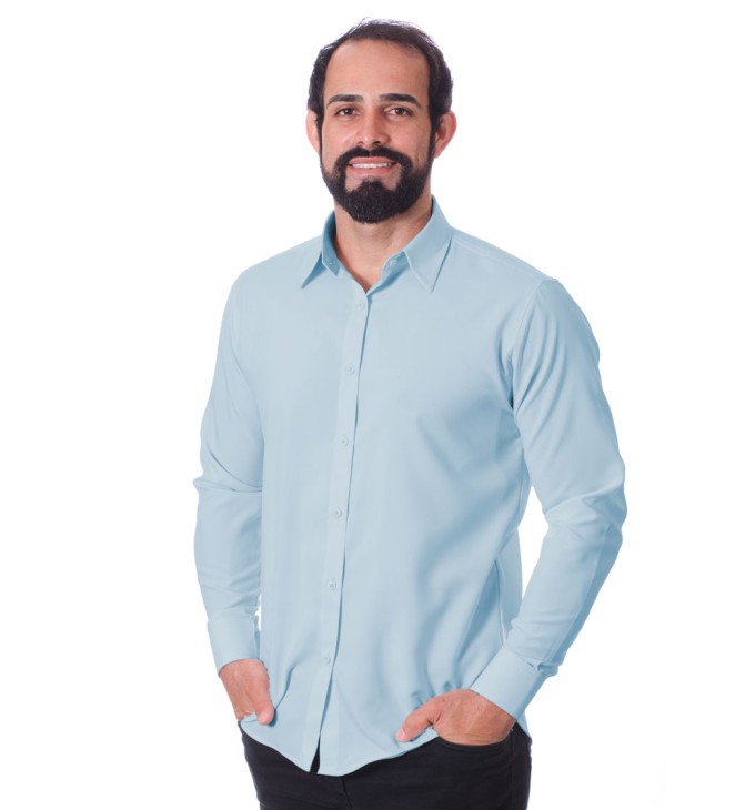 Camisa social azul claro de algodão masculina Camisa social azul claro de algodão masculina