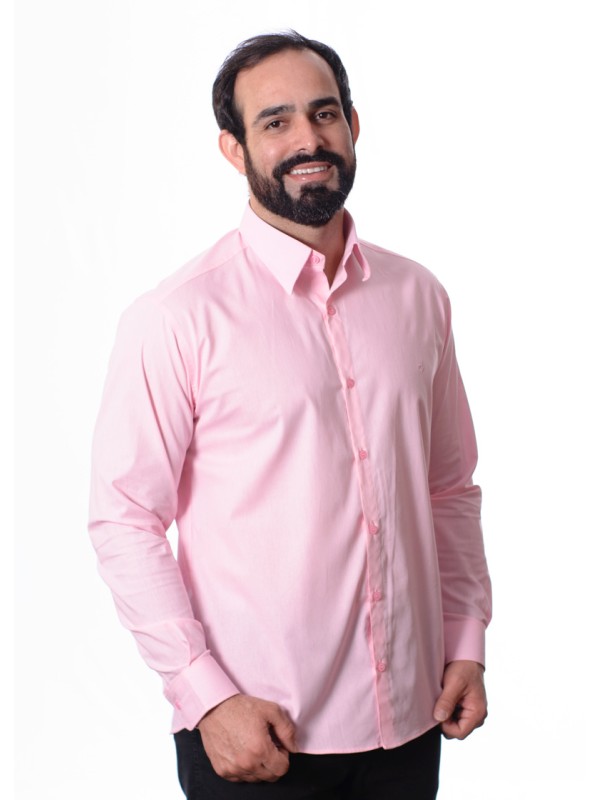 Camisa social rosa masculina manga longa de algodão