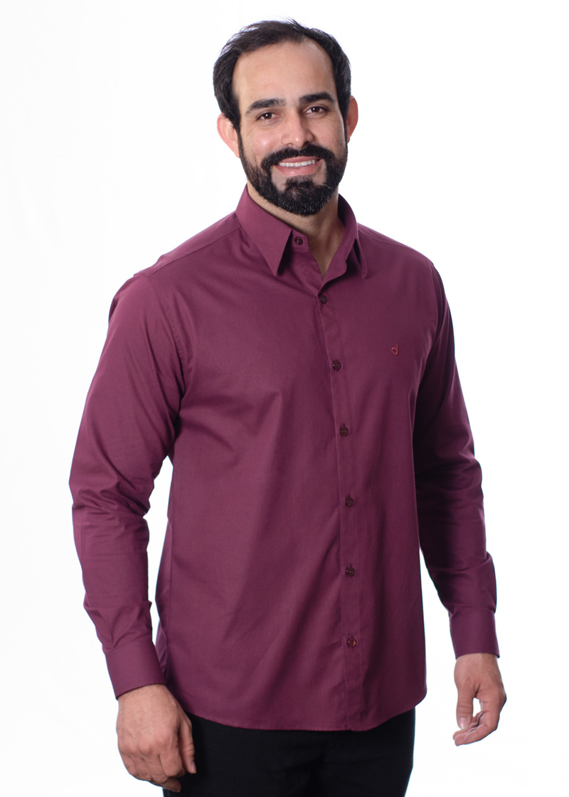 Camisa social bordô masculina manga longa de algodão