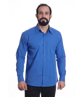 Camisa social azul lisa masculina de algodão