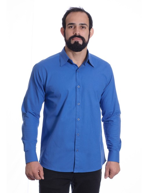 Camisa social azul lisa masculina de algodão