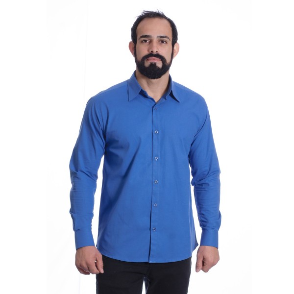 Camisa social azul lisa masculina de algodão