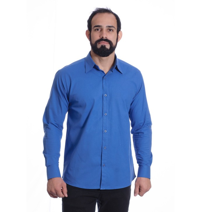 Camisa social azul lisa masculina de algodão Camisa social azul lisa masculina de algodão