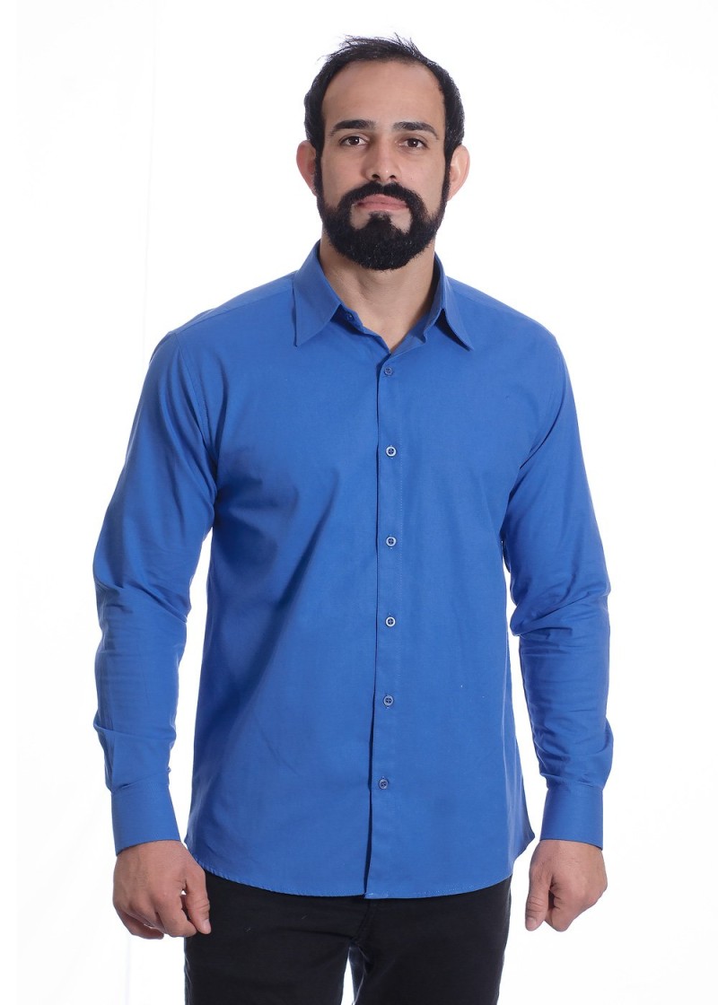 Camisa social azul lisa masculina de algodão