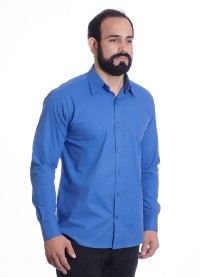 Camisa social azul lisa masculina de algodão