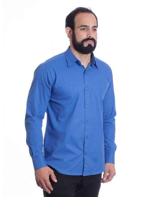 Camisa social azul lisa masculina de algodão