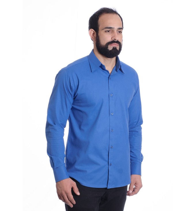 Camisa social azul lisa masculina de algodão Camisa social azul lisa masculina de algodão