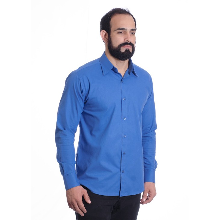 Camisa social azul lisa masculina de algodão
