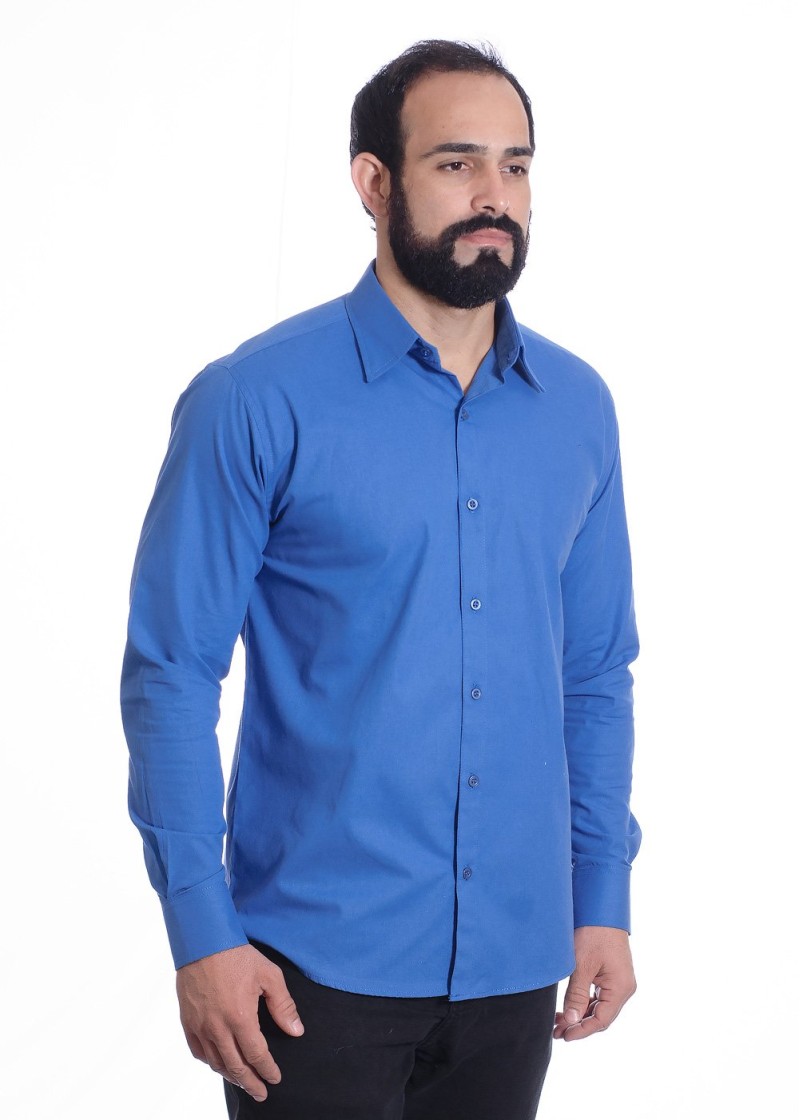 Camisa social azul lisa masculina de algodão