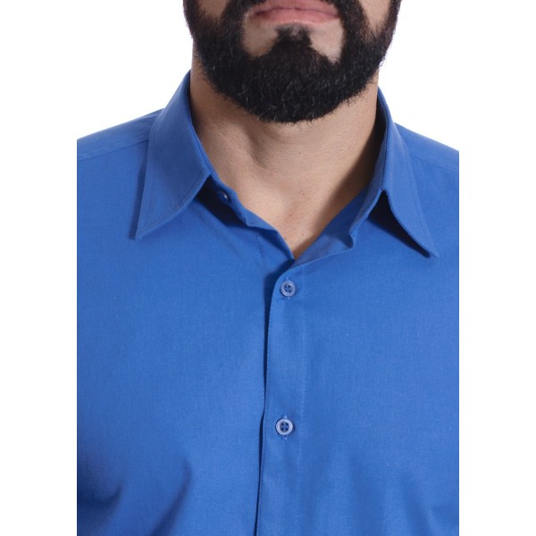 Camisa social azul lisa masculina de algodão