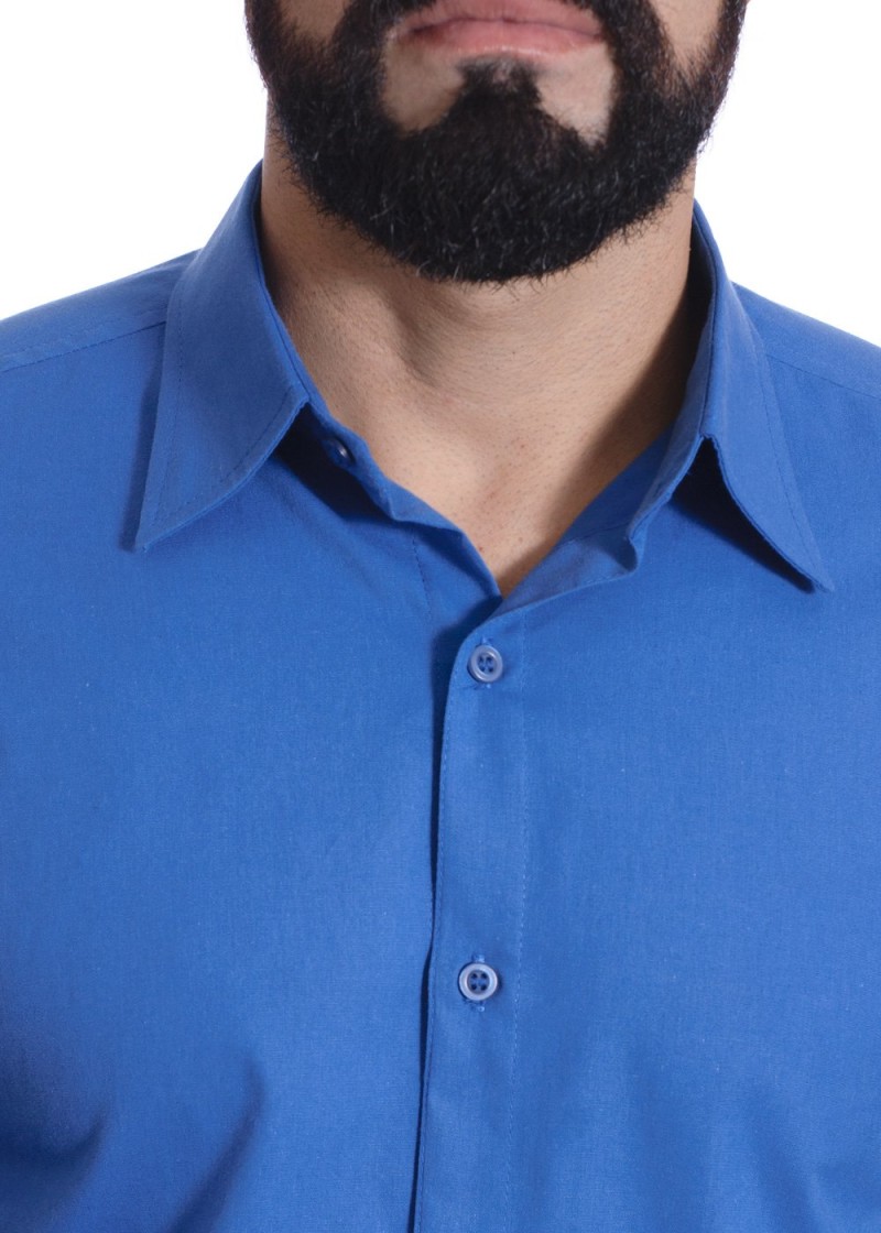 Camisa social azul lisa masculina de algodão