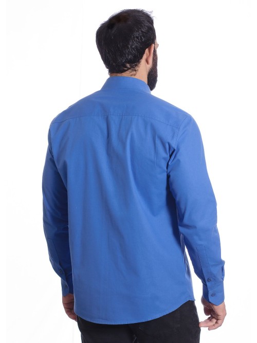 Camisa social azul lisa masculina de algodão