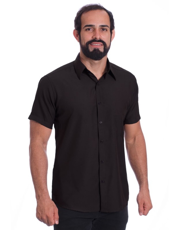 Camisa social preta masculina de tricoline manga curta