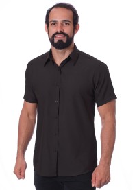Camisa social preta masculina de tricoline manga curta