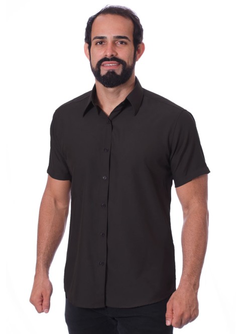 Camisa social preta masculina de tricoline manga curta