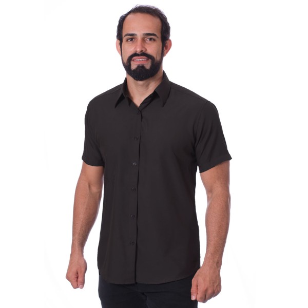 Camisa social preta masculina de tricoline manga curta