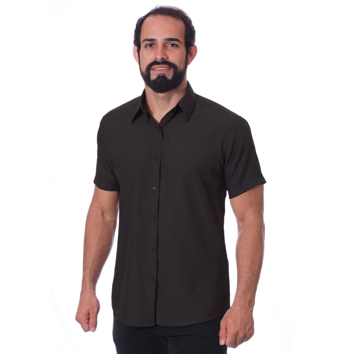 Camisa social preta masculina de tricoline manga curta