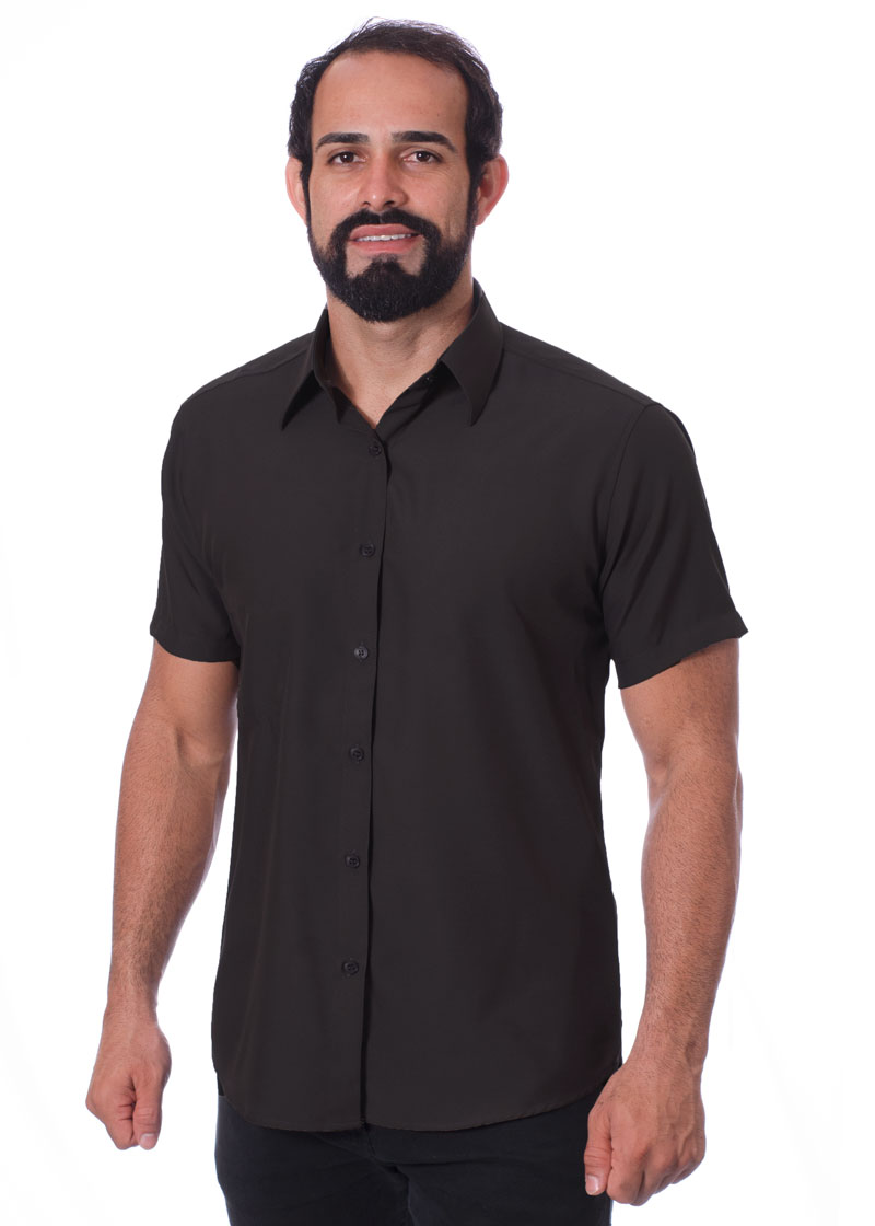 Camisa social preta masculina de tricoline manga curta