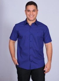 Camisa social masculina de algodão manga curta, azul royal