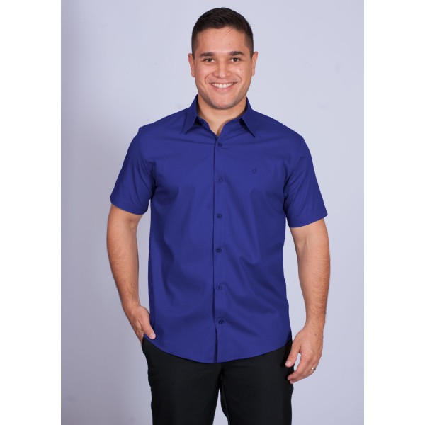 Camisa social masculina de algodão manga curta, azul royal