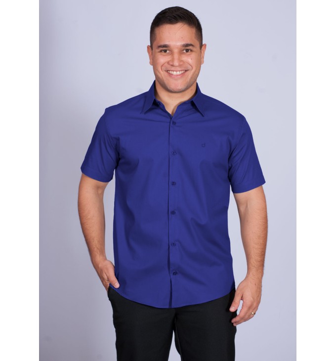 Camisa social masculina de algodão manga curta, azul royal Camisa social masculina de algodão manga curta, azul royal