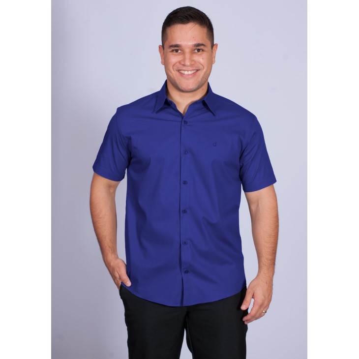 Camisa social masculina de algodão manga curta, azul royal