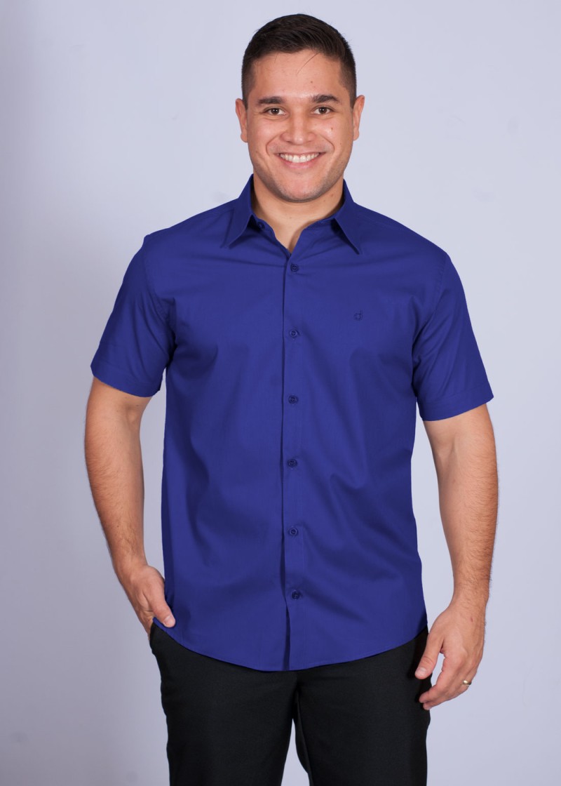 Camisa social masculina de algodão manga curta, azul royal
