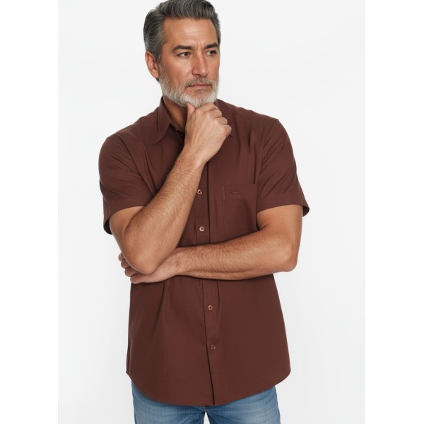 Camisa social masculina de algodão manga curta, marrom