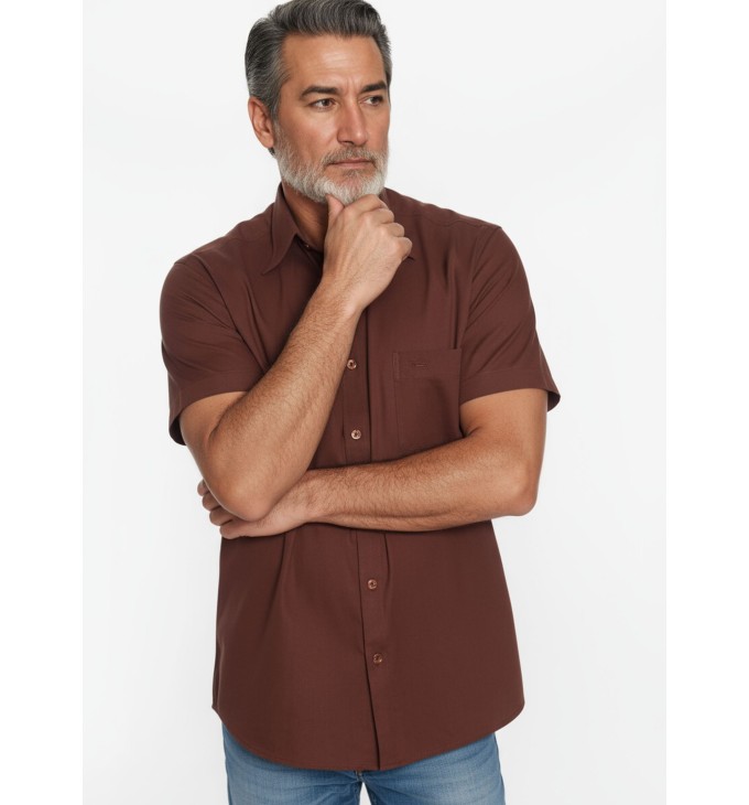 Camisa social masculina de algodão manga curta, marrom Camisa social masculina de algodão manga curta, marrom