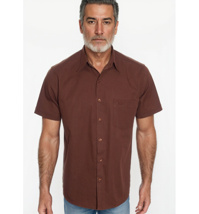 Camisa social masculina de algodão manga curta, marrom