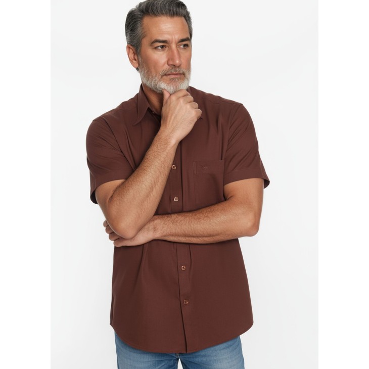 Camisa social masculina de algodão manga curta, marrom