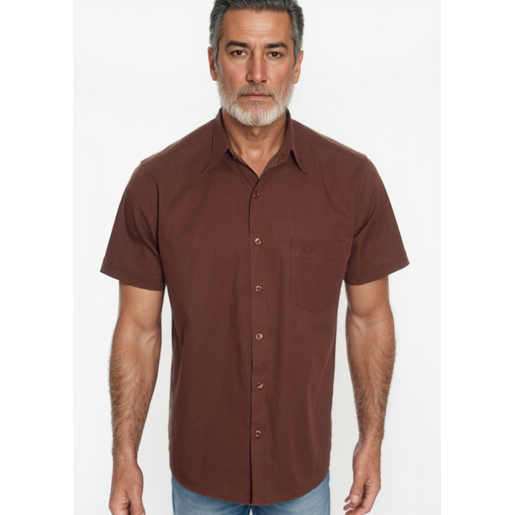 Camisa social masculina de algodão manga curta, marrom