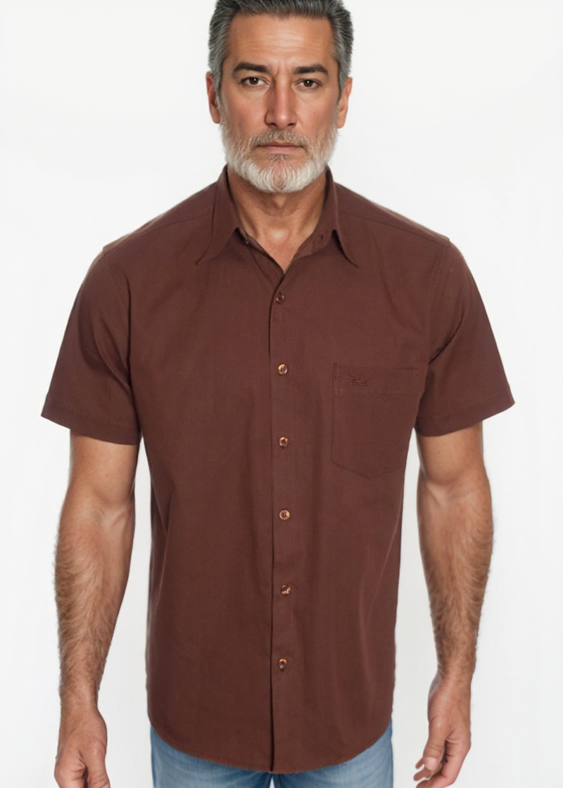 Camisa social masculina de algodão manga curta, marrom