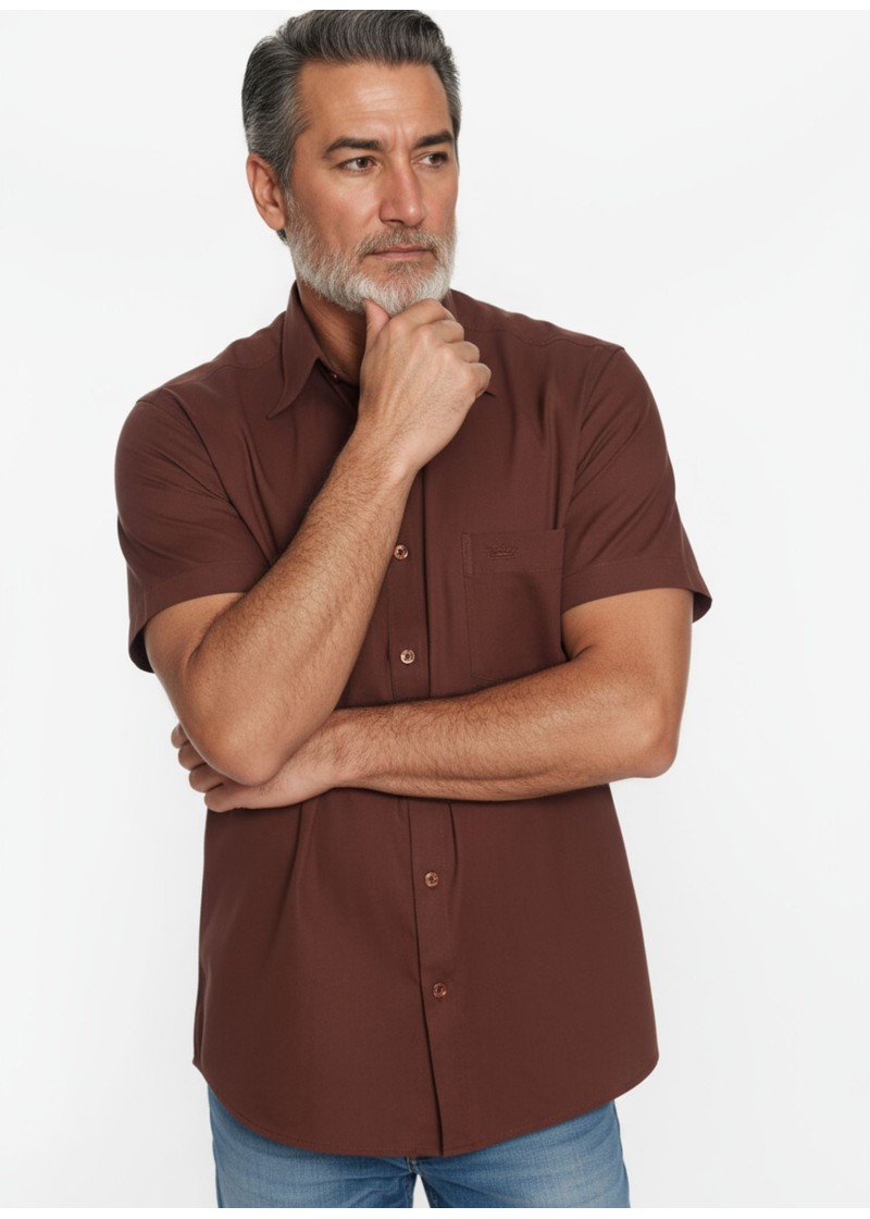 Camisa social masculina de algodão manga curta, marrom