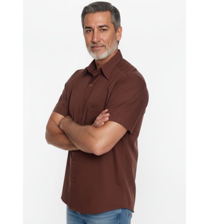 Camisa social masculina de algodão manga curta, marrom Camisa social masculina de algodão manga curta, marrom