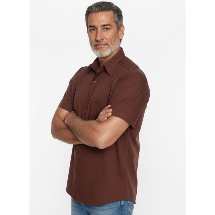 Camisa social masculina de algodão manga curta, marrom