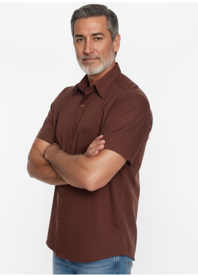 Camisa social masculina de algodão manga curta, marrom