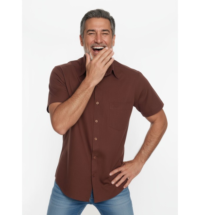 Camisa social masculina de algodão manga curta, marrom Camisa social masculina de algodão manga curta, marrom