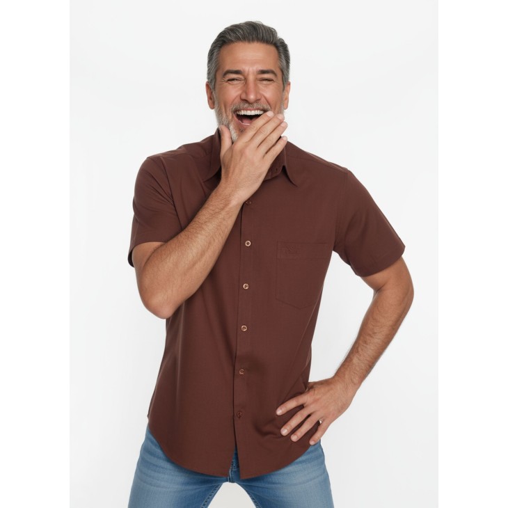 Camisa social masculina de algodão manga curta, marrom