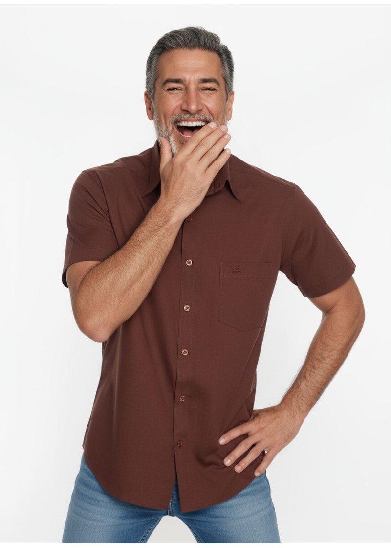 Camisa social masculina de algodão manga curta, marrom