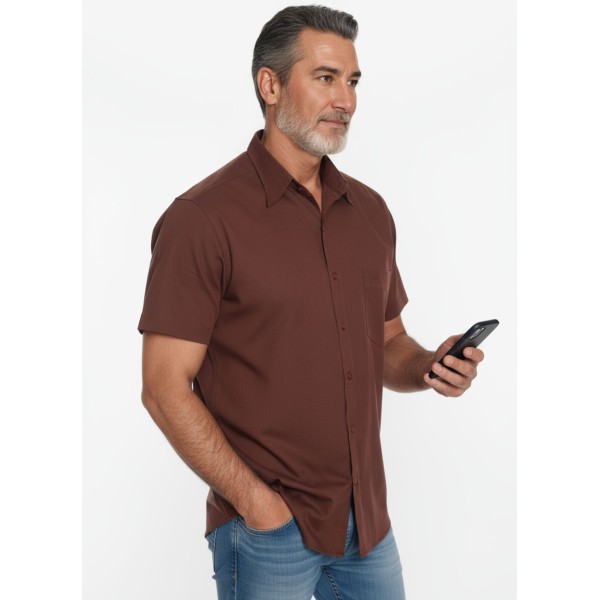 Camisa social masculina de algodão manga curta, marrom