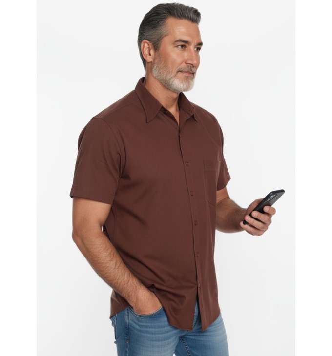 Camisa social masculina de algodão manga curta, marrom Camisa social masculina de algodão manga curta, marrom