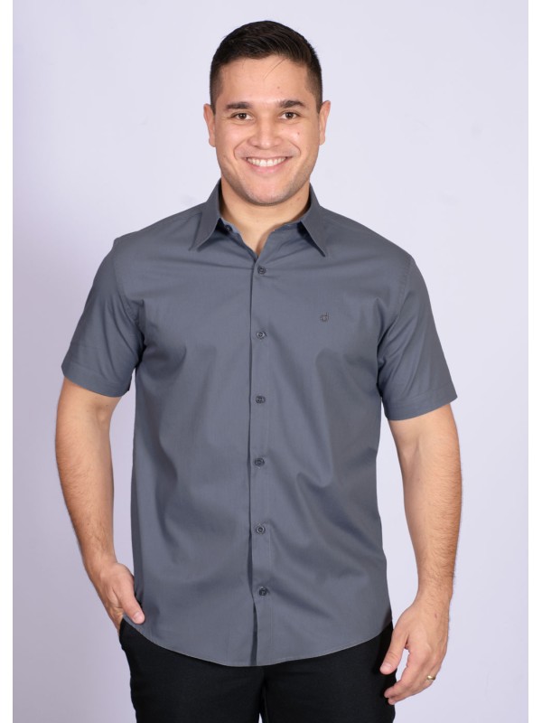 Camisa social masculina de algodão manga curta cinza