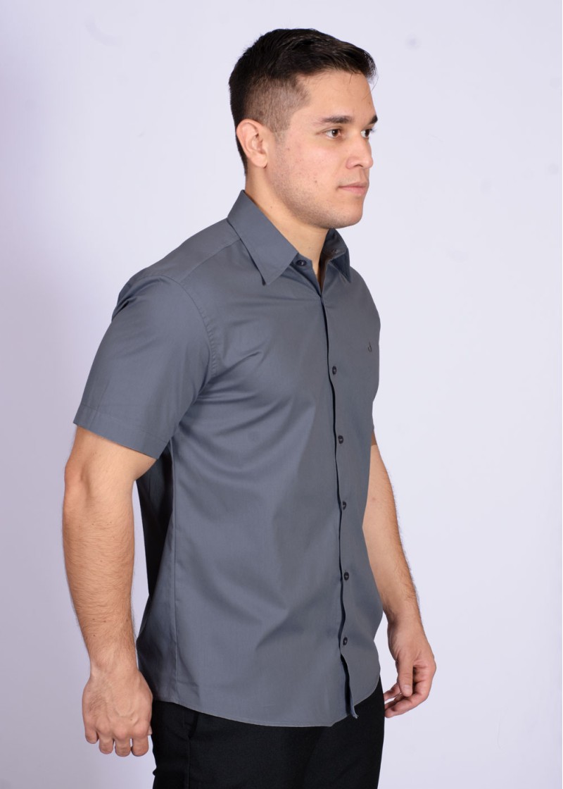 Camisa social masculina de algodão manga curta cinza
