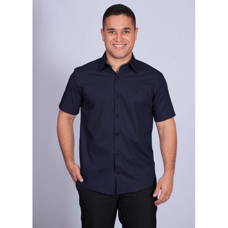 Camisa social masculina de  algodão manga curta, marinho