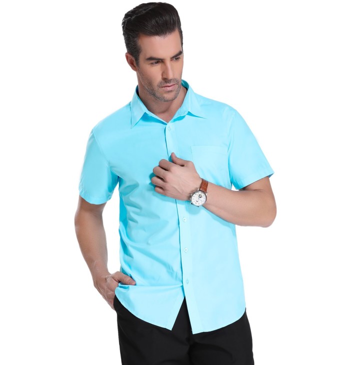 Camisa social masculina de algodão manga curta, turquesa Camisa social masculina de algodão manga curta, turquesa