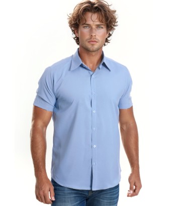 Camisa social masculina de algodão manga curta, azul claro