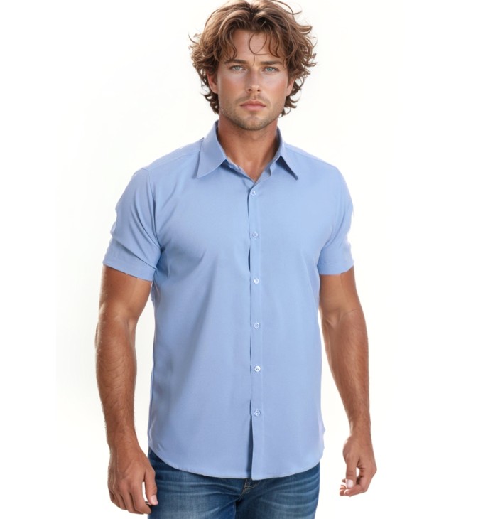 Camisa social masculina de algodão manga curta, azul claro Camisa social masculina de algodão manga curta, azul claro